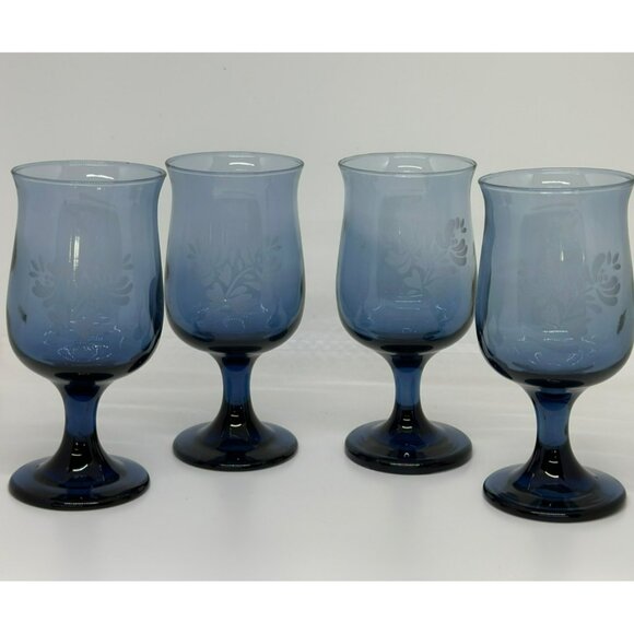 VTG Set 4 Pfaltzgraff Yorktowne Etched Cobalt Blue Stemmed Goblet Glasses 5.5" - Picture 1 of 6